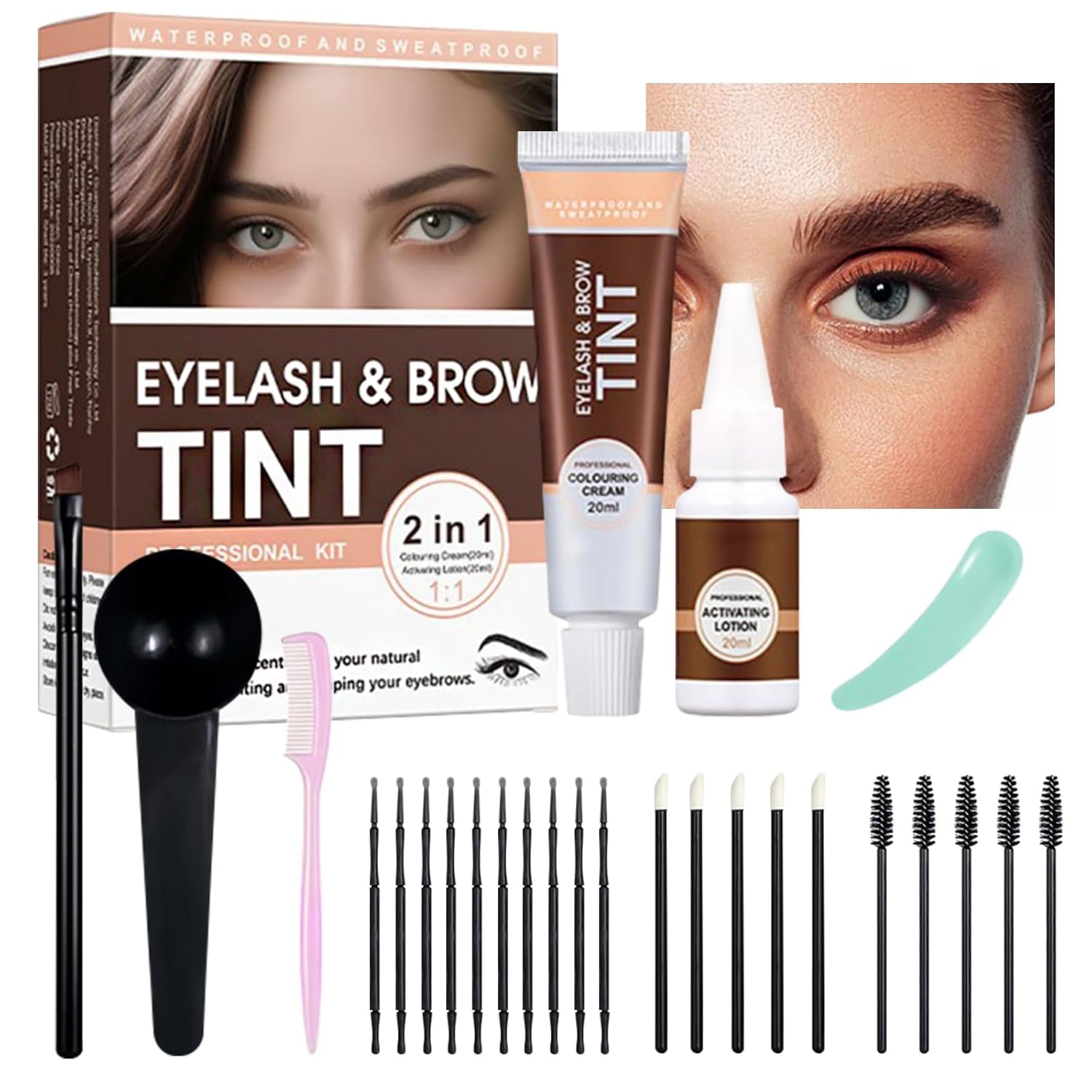 New 2 in 1 Eyebrow & Eyelash Color Kit, Volumizing Eyebrow & Eyelash Color Kit with Complete Tools, Last up to 4-6 Weeks, Safe & Easy for Salon Home (02# Brown)