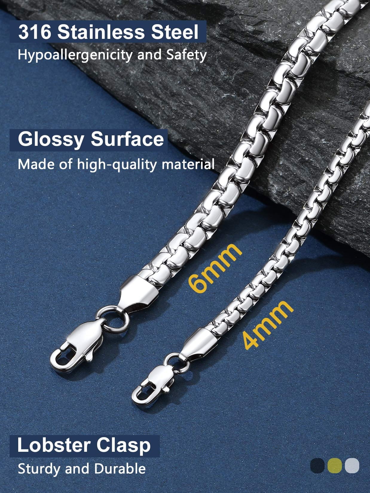 Stainless Steel Flat Box Chain Male Necklace 18Inch 4Mm Hip Hop Jewelry