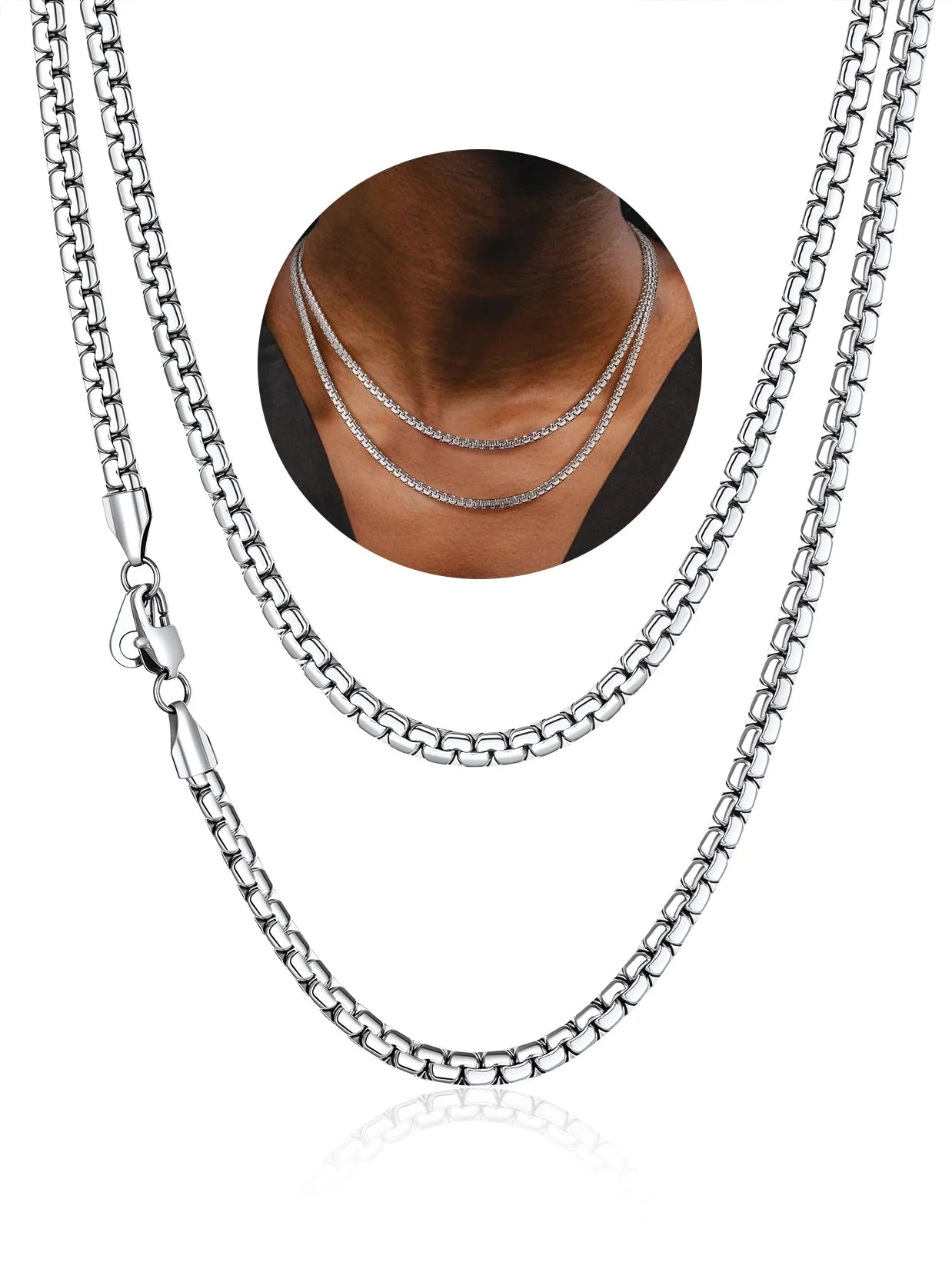 Stainless Steel Flat Box Chain Male Necklace 18Inch 4Mm Hip Hop Jewelry