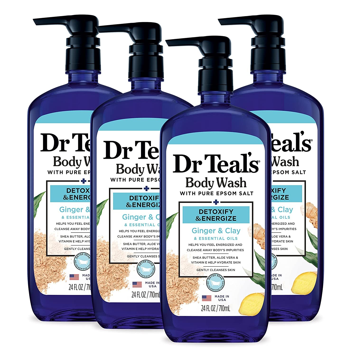 Body Wash with Pure Epsom Salt, Detoxify & Energize with Ginger & Clay, 24 Fl Oz (Pack of 4)
