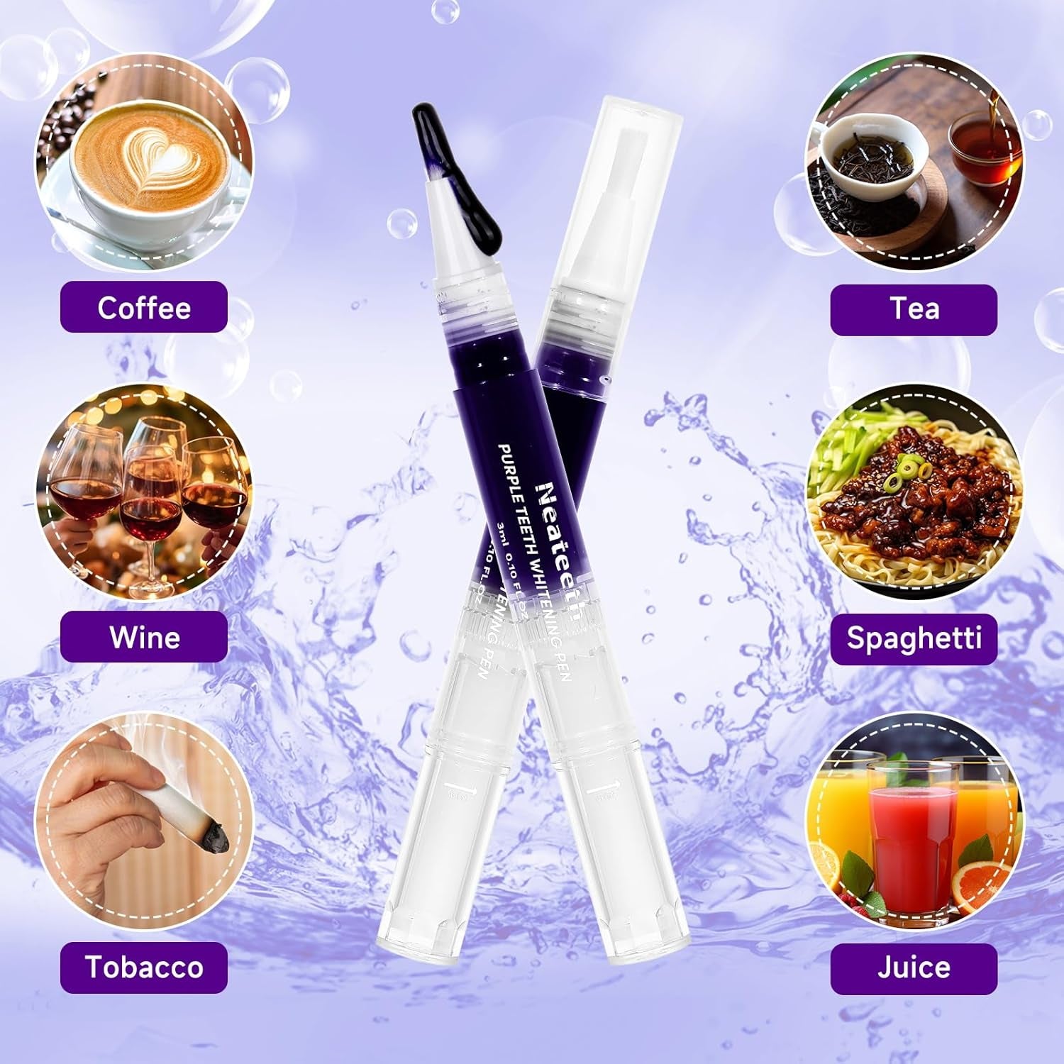 Teeth Whitening Gels Pen, Purple Teeth Whitening Pens, Instant Teeth Whitening Paint Pens, Color Correcting for Tooth Stain Removal 3 Packs