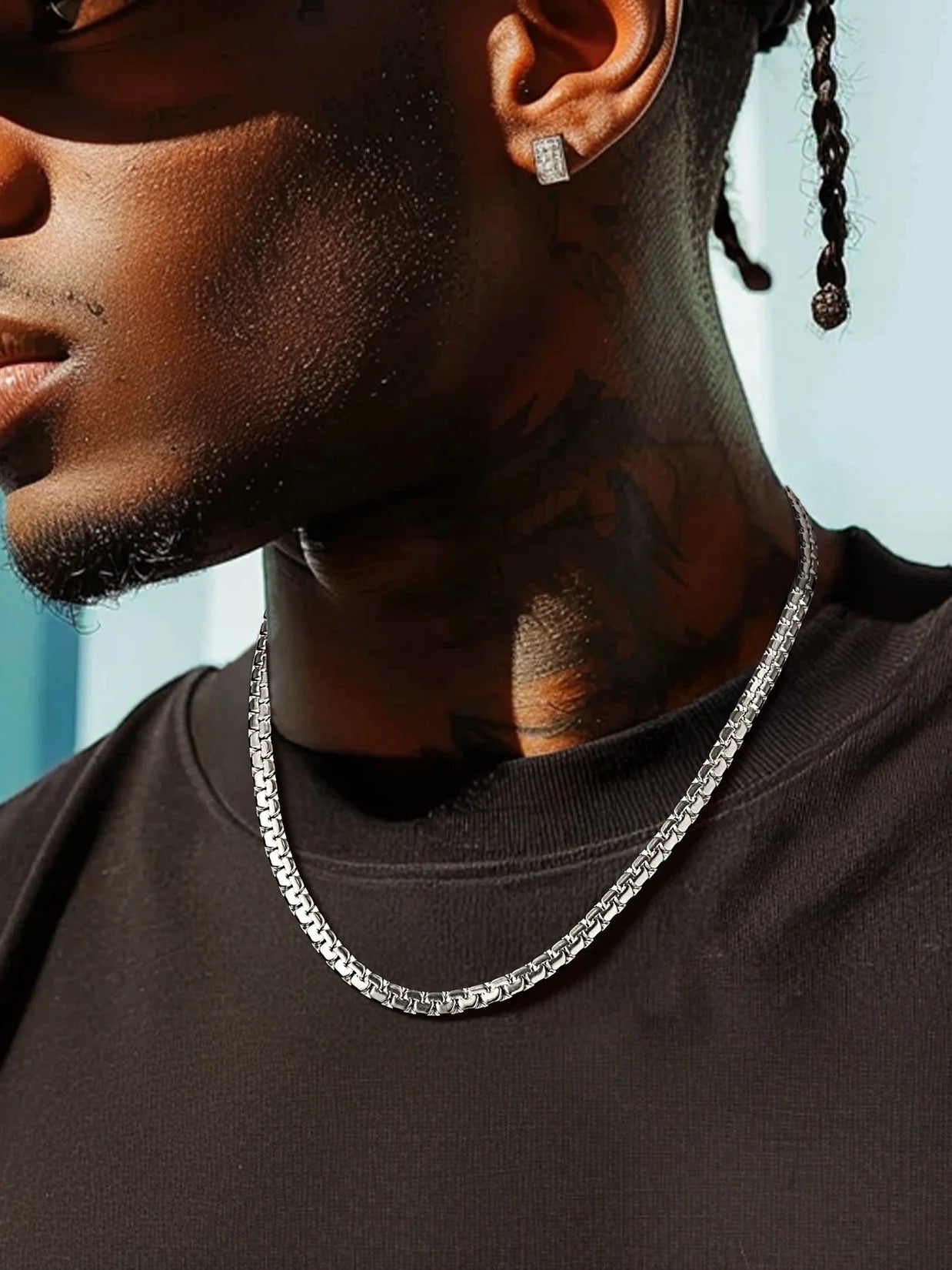 Stainless Steel Flat Box Chain Male Necklace 18Inch 4Mm Hip Hop Jewelry