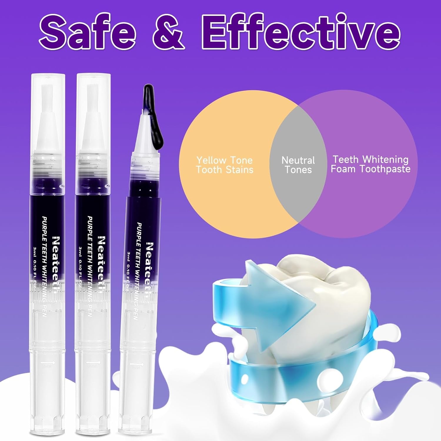 Teeth Whitening Gels Pen, Purple Teeth Whitening Pens, Instant Teeth Whitening Paint Pens, Color Correcting for Tooth Stain Removal 3 Packs