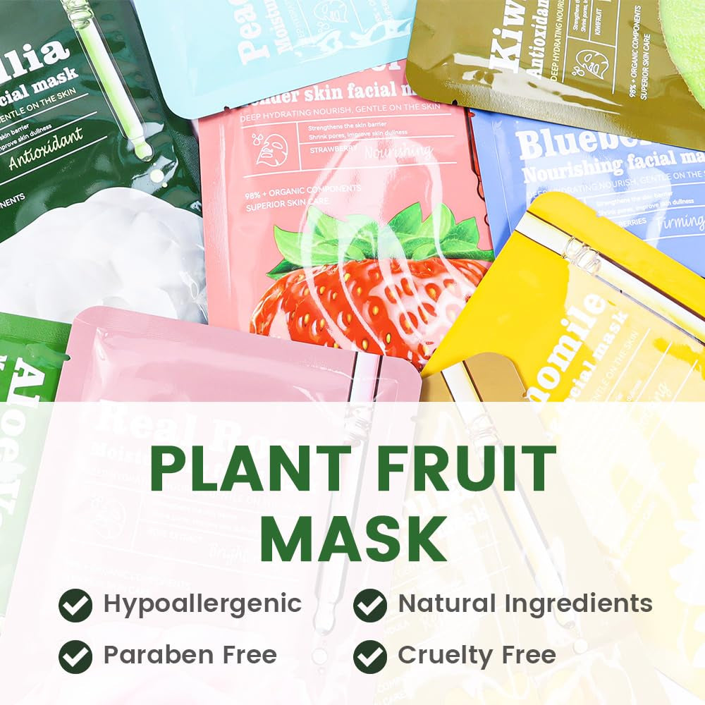 Face Sheet Mask Skincare,Hydrating Spa Face Mask for Sensitive Skin,Moisturize,Nourish for All Skin Types,Natural Skin Care Spa Face Mask for Women Men Girls,Pack of 8