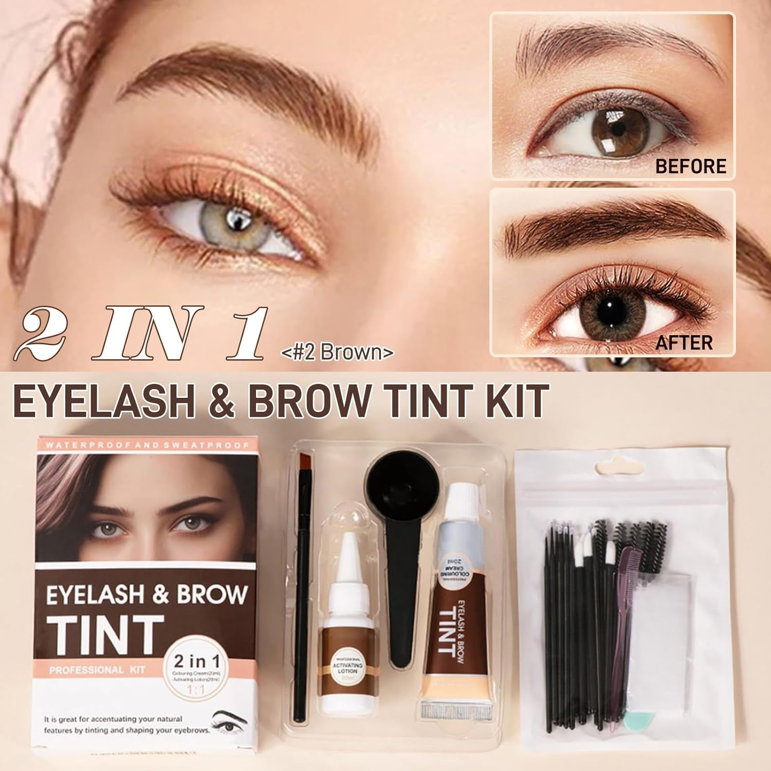 New 2 in 1 Eyebrow & Eyelash Color Kit, Volumizing Eyebrow & Eyelash Color Kit with Complete Tools, Last up to 4-6 Weeks, Safe & Easy for Salon Home (02# Brown)