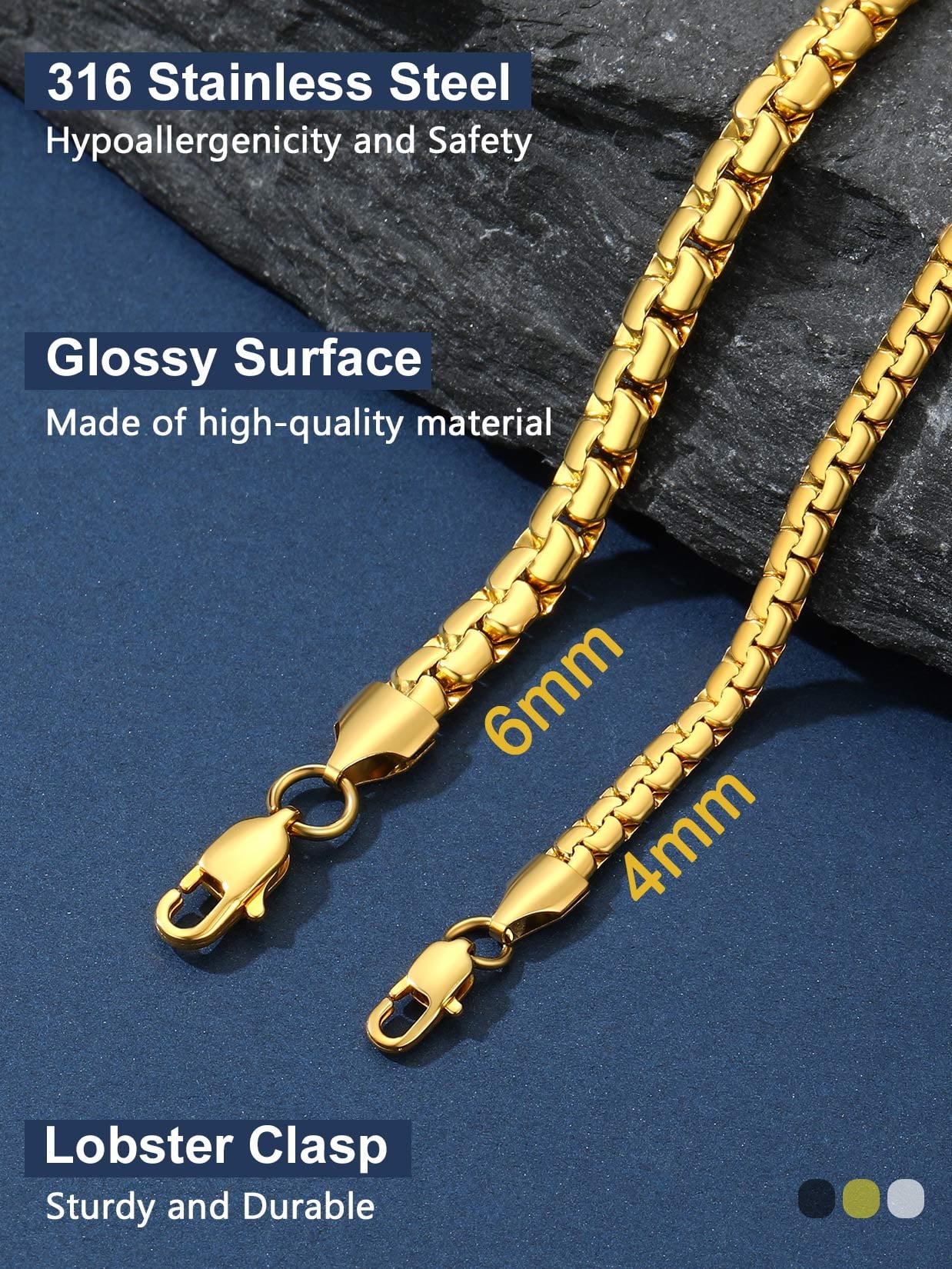 Gold Plated Flat Box Chain for Men Necklace Stainless Steel 18Inch 6Mm Hip Hop Jewelry