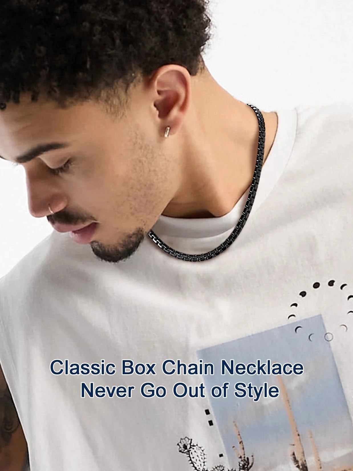 Men Black Flat Box Chain Male Necklace 26Inch 6Mm Hip Hop Jewelry