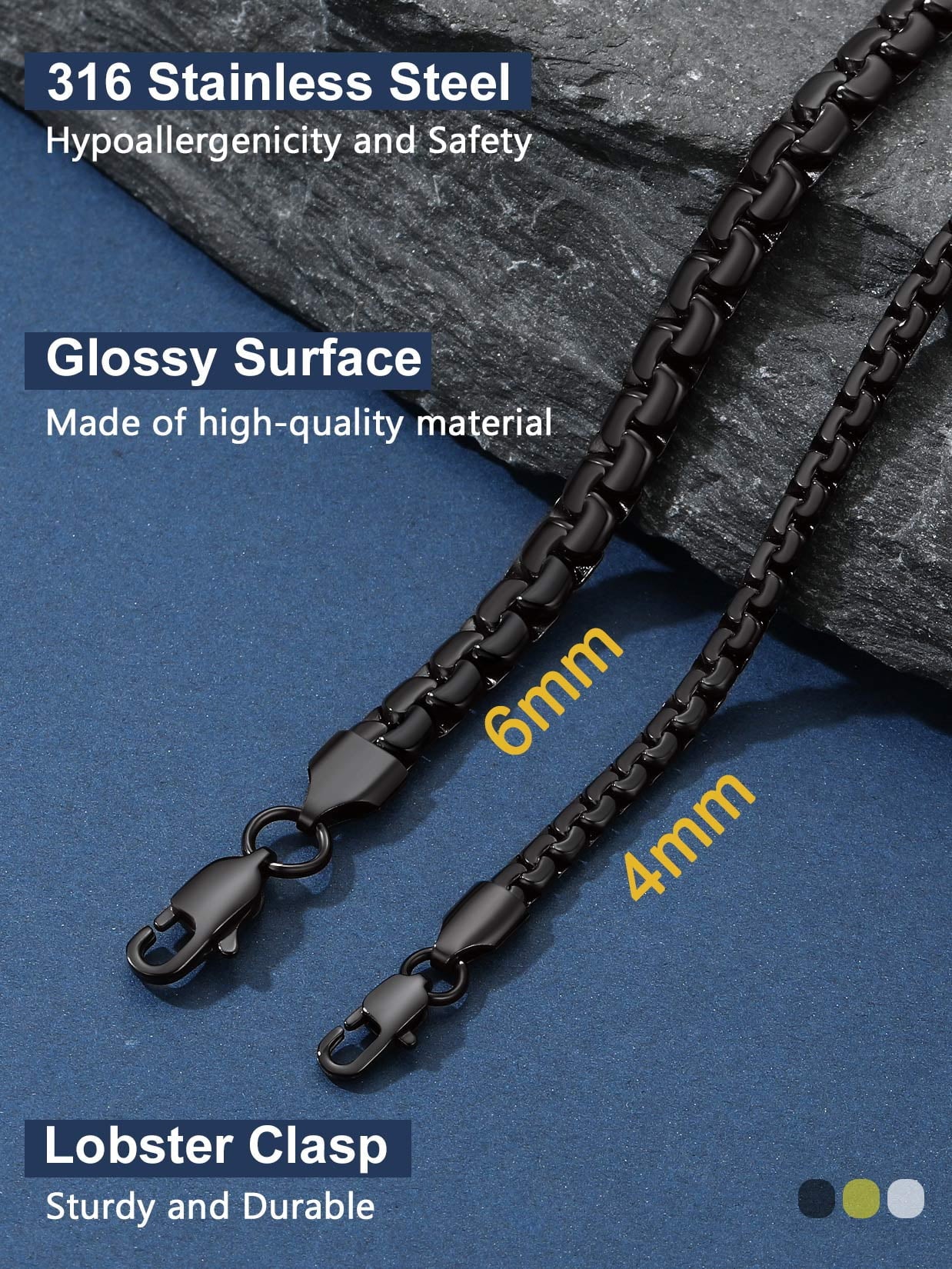 Men Black Flat Box Chain Male Necklace 26Inch 6Mm Hip Hop Jewelry