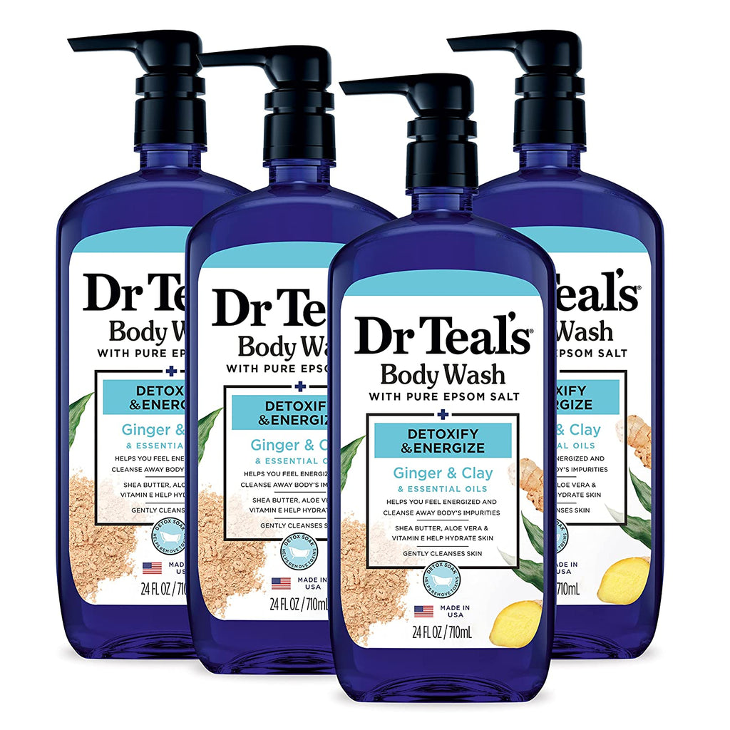 Body Wash with Pure Epsom Salt, Detoxify & Energize with Ginger & Clay, 24 Fl Oz (Pack of 4)