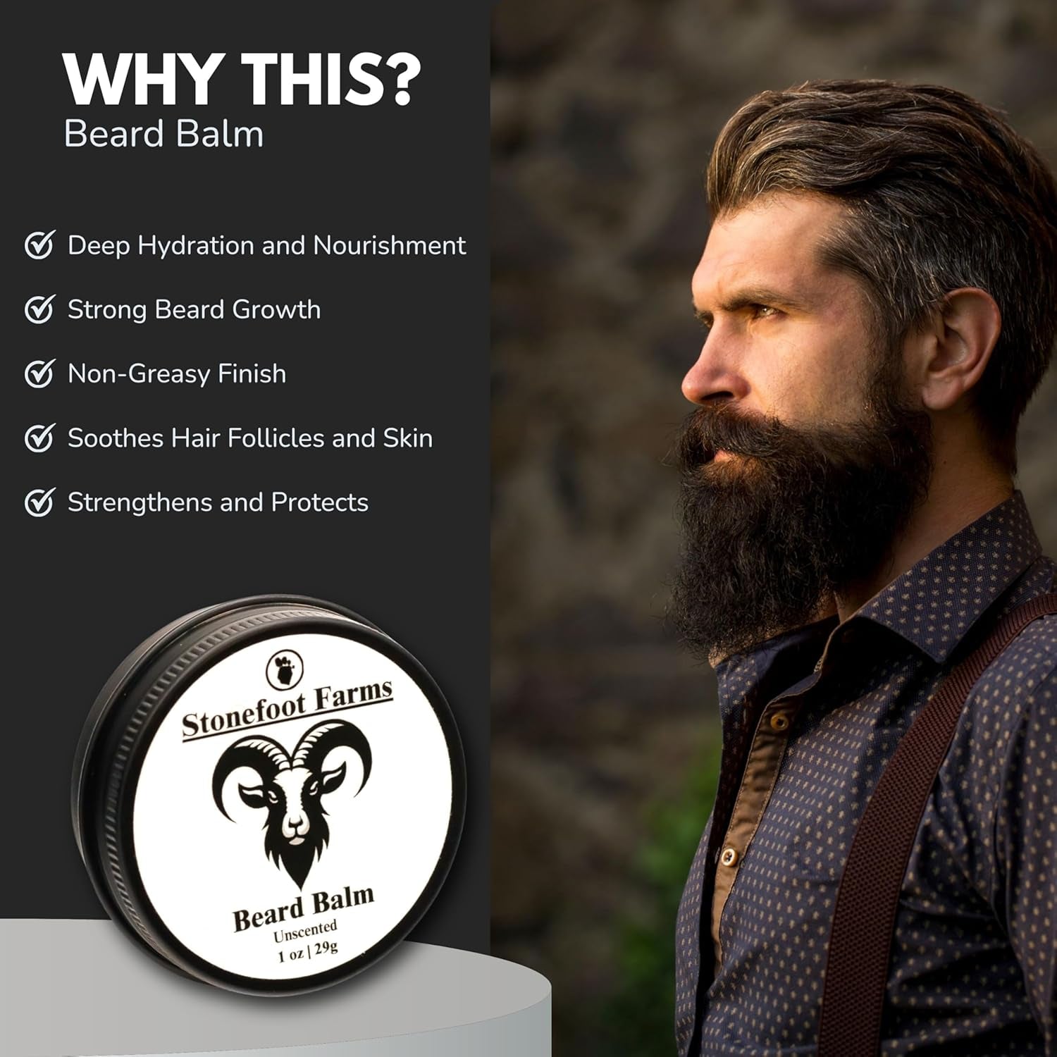 Natural Beard Balm - Handcrafted American Made Mustache Wax for Sensitive Skin - Organic Ingredients with Mango Butter, Jojoba & Argan Oil - Eco-Friendly Grooming Essential