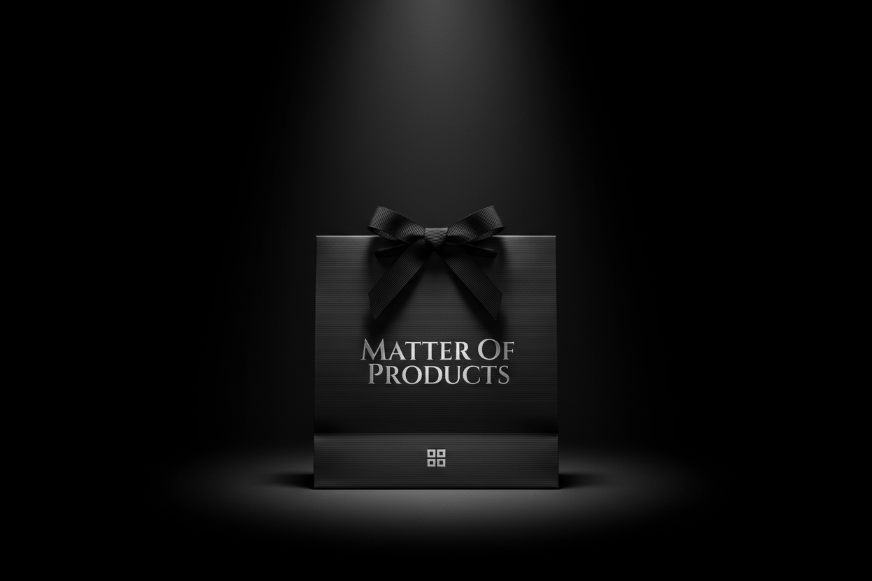 Create a minimalistic masculine luxury shopping bag with my store name on the front where the background is all black with a white spotlight making the bag stand out.