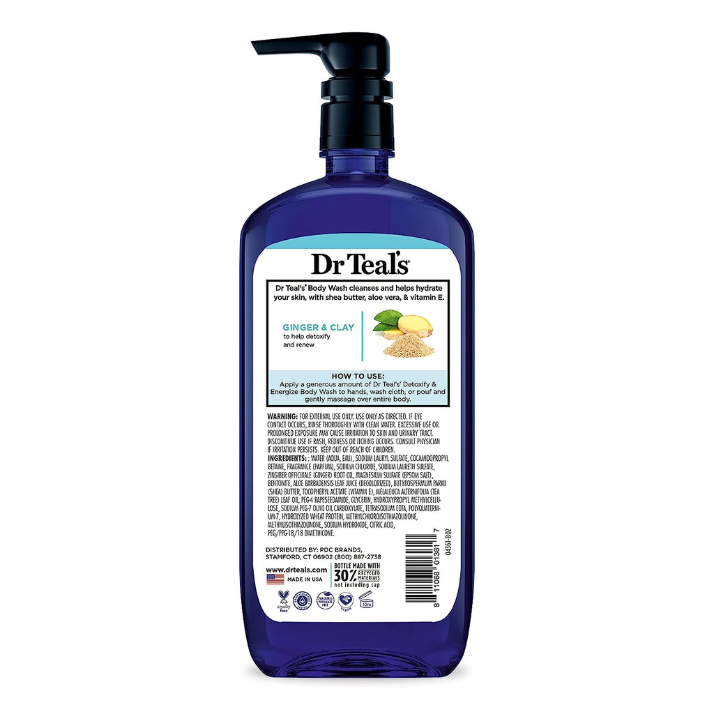 Body Wash with Pure Epsom Salt, Detoxify & Energize with Ginger & Clay, 24 Fl Oz (Pack of 4)