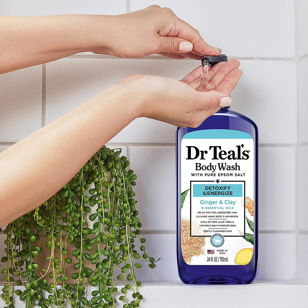 Body Wash with Pure Epsom Salt, Detoxify & Energize with Ginger & Clay, 24 Fl Oz (Pack of 4)