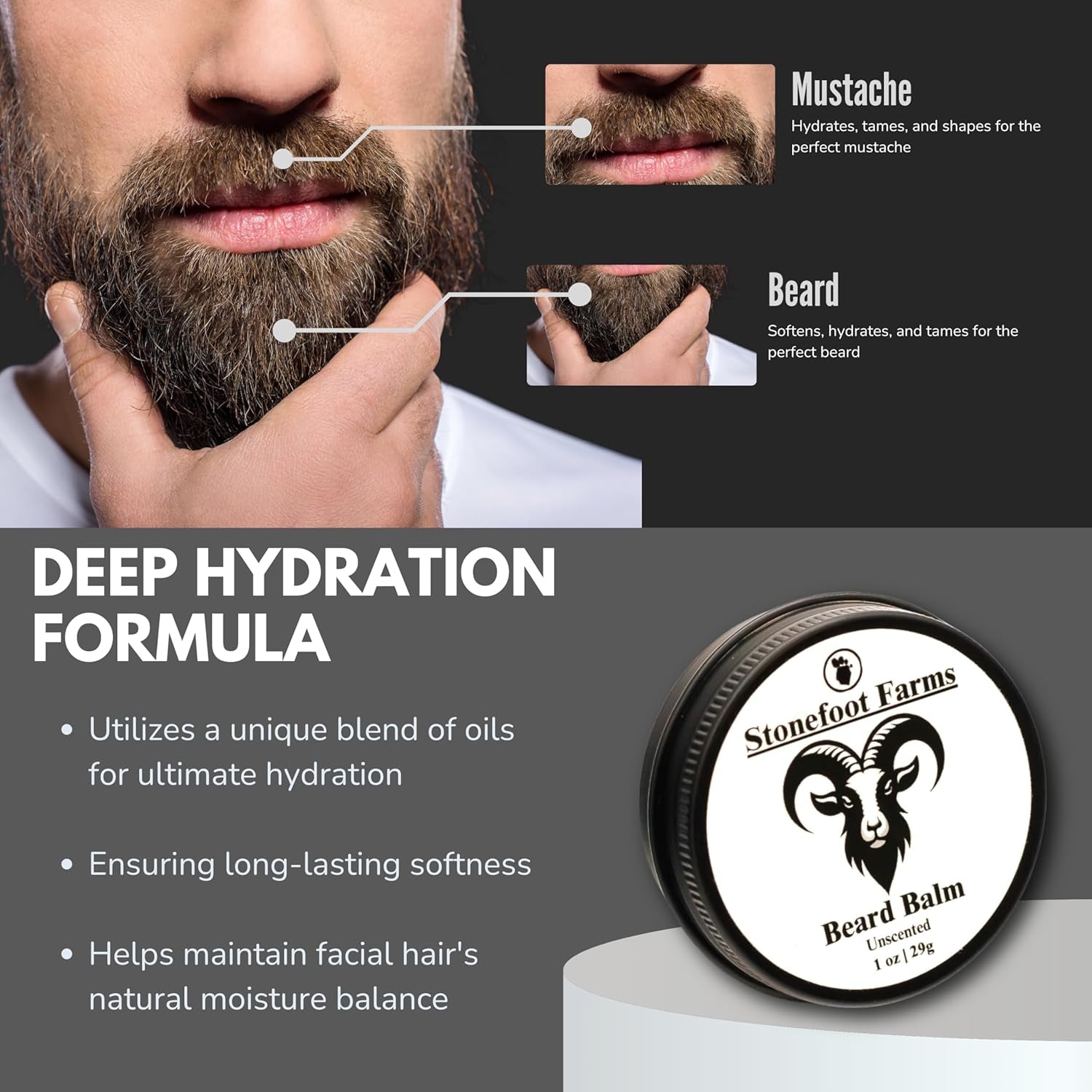 Natural Beard Balm - Handcrafted American Made Mustache Wax for Sensitive Skin - Organic Ingredients with Mango Butter, Jojoba & Argan Oil - Eco-Friendly Grooming Essential