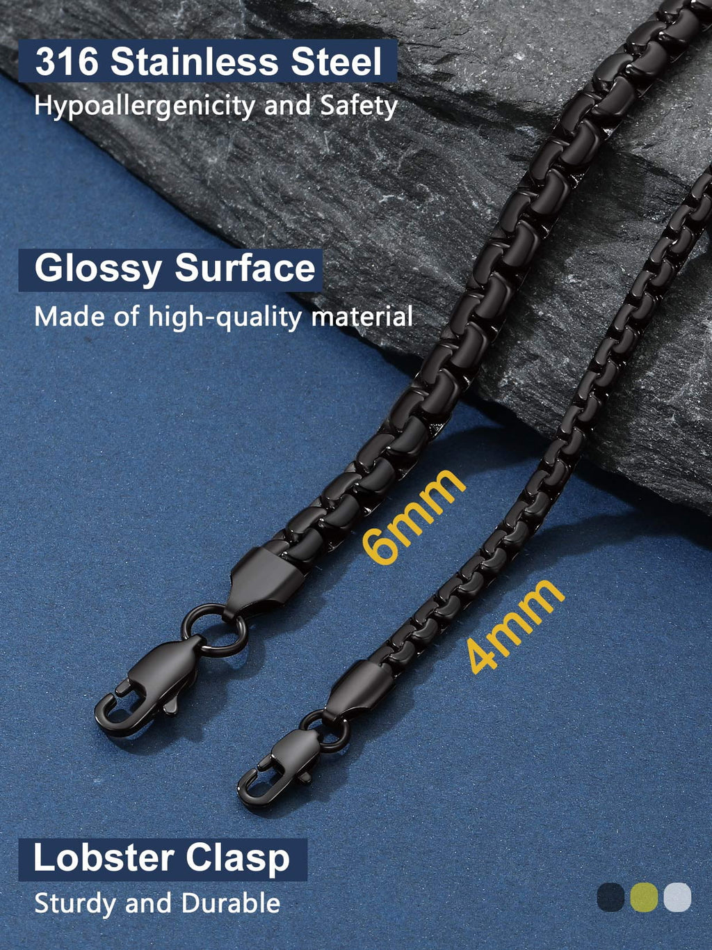 Men Black Flat Box Chain Male Necklace 26Inch 6Mm Hip Hop Jewelry